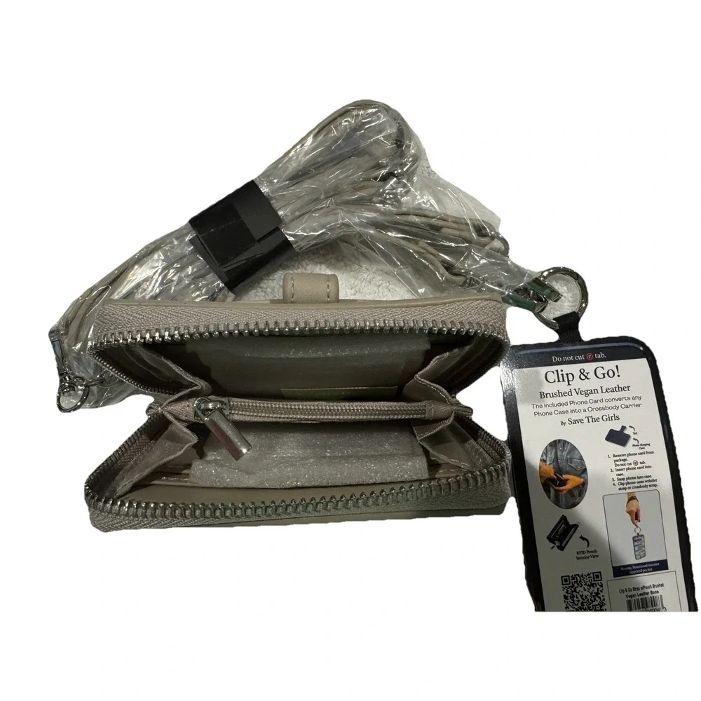 SAVE THE GIRLS RFID VEGAN LEATHER TAUPE UNIQUE POUCH CLIP & GO CELL PHONE STRAP